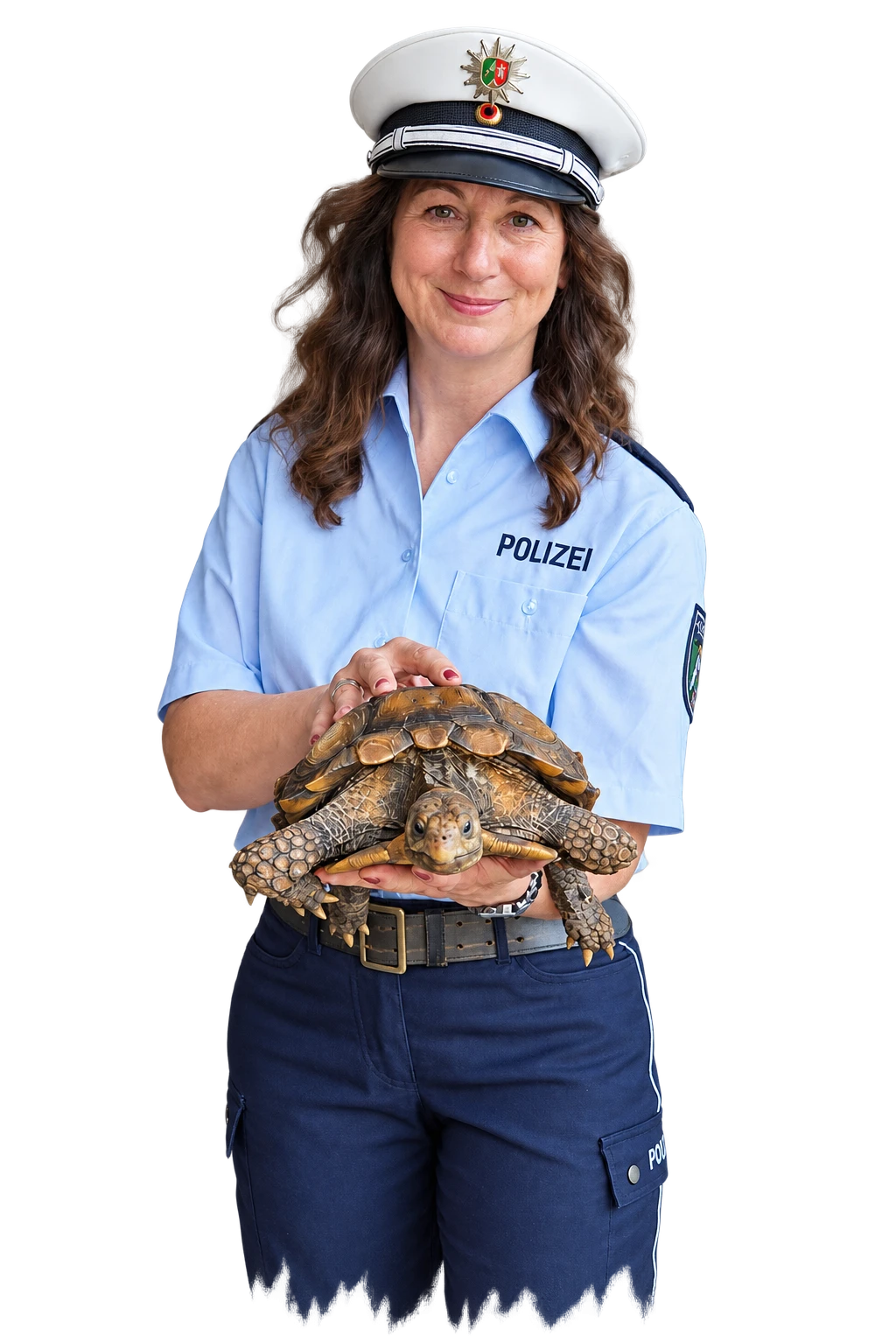 Polizistin hält Schildkröte in den Händen